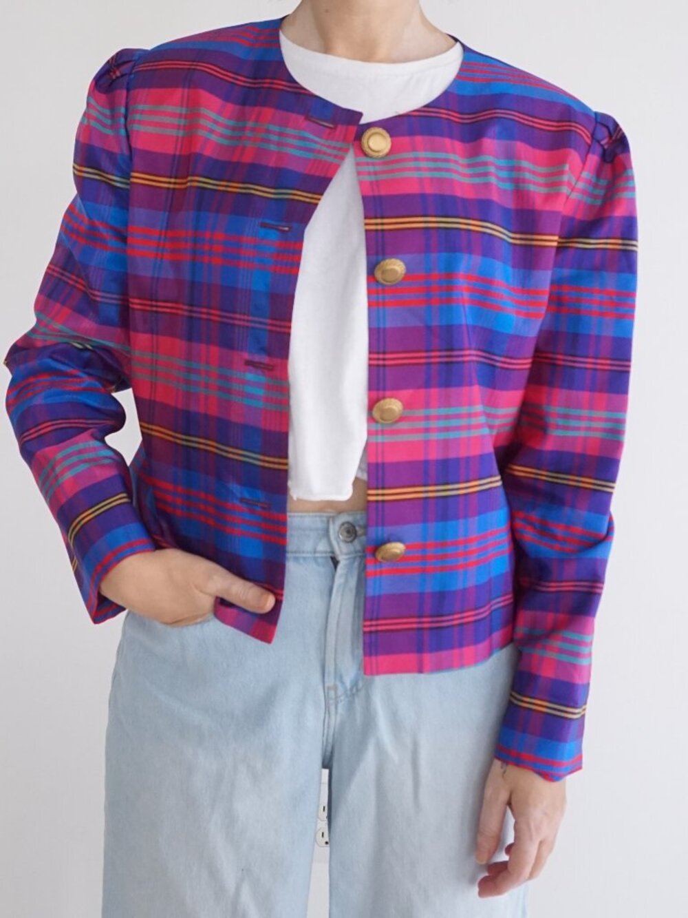 Vintage Braemar Pink Blue Tartan Plaid Gold Button Cropped Career Jacket M